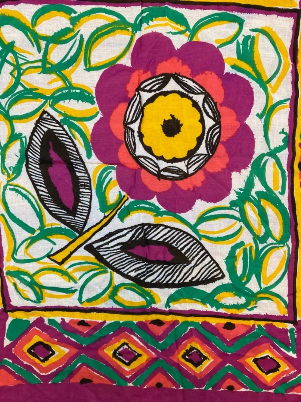 Whimsical Eclectic Floral Print Square Scarf - Fuchsia, Yellow, Green
